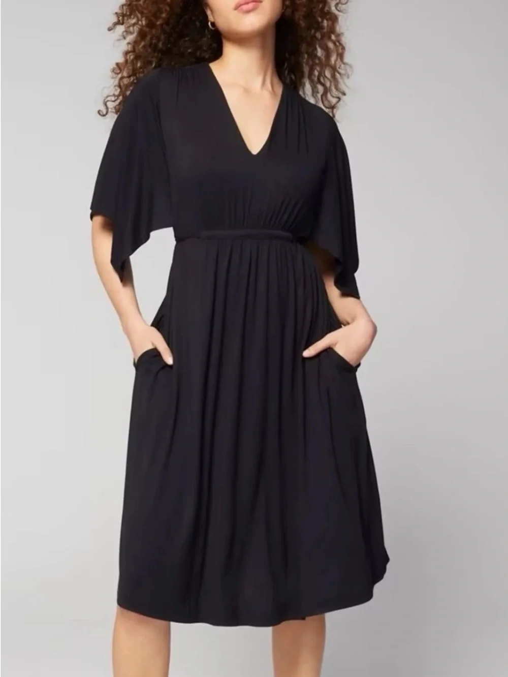 SOMA | Black Soft Jersey Caftan V-Neck Flutter Sleeve Midi Dress L Built In Bra - Picture 1 of 15